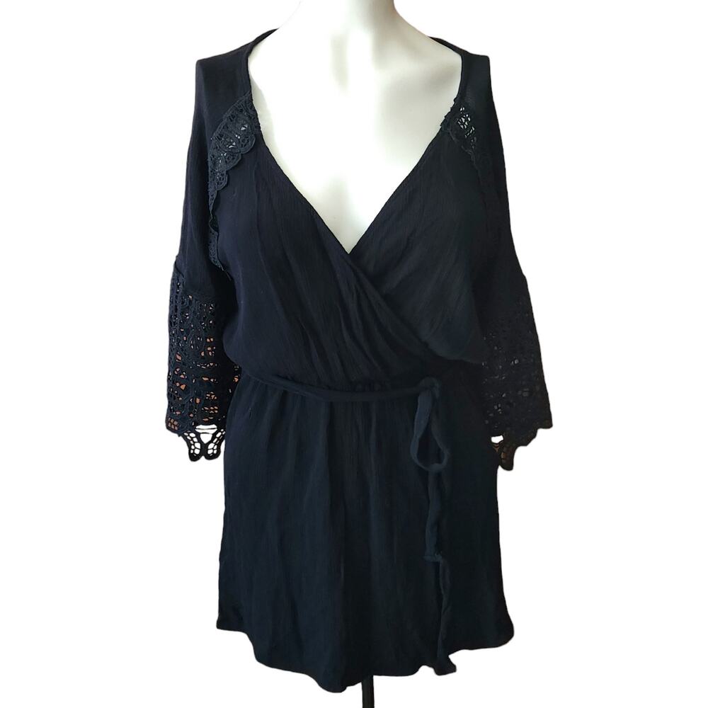 ISABELLA ROSE gauzy lace sleeve black boho beach cover up mini dress Size S NEW - Picture 2 of 10
